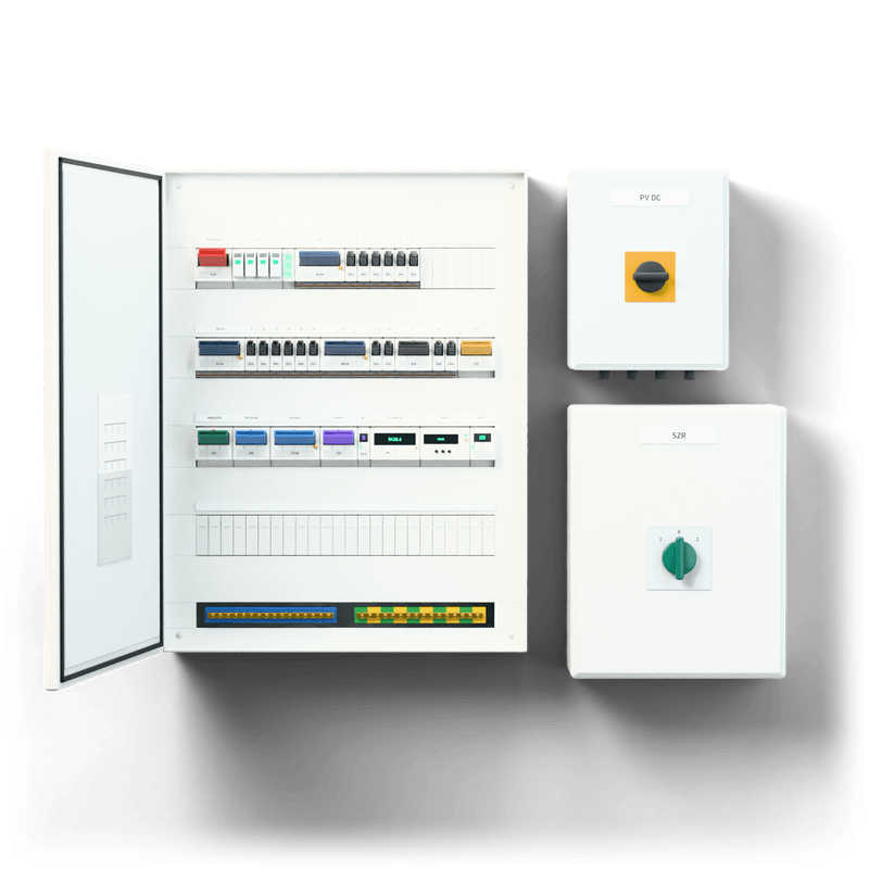 Energy-efficient house — “everything” — 3D visualisation, door open, front view of the devices; next to it, the solar PV DC combiner box and the transfer switch enclosure