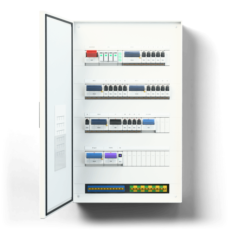 House with a heat pump and an EV charger — 3D visualisation, door open, front view of the devices