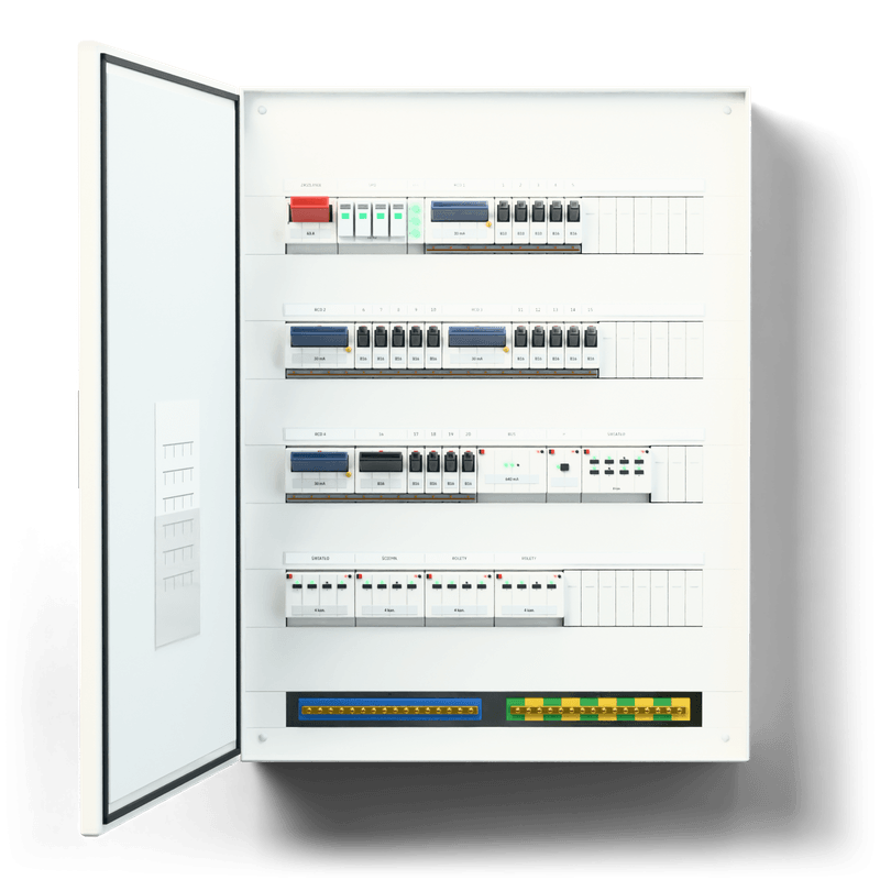 XL consumer unit with KNX Start — 3D visualisation, generic KNX modules with channel LEDs