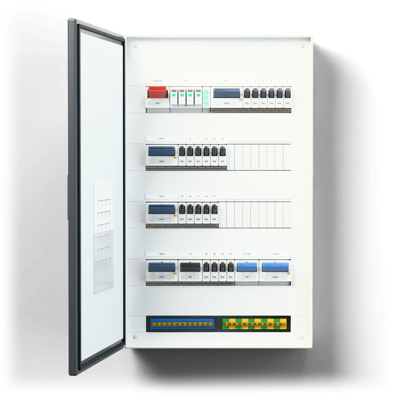 Consumer unit L · EV · door: anthracite · air conditioning 2 × split 3.5 kW — 3D visualisation, door open, front view of the devices, anthracite door