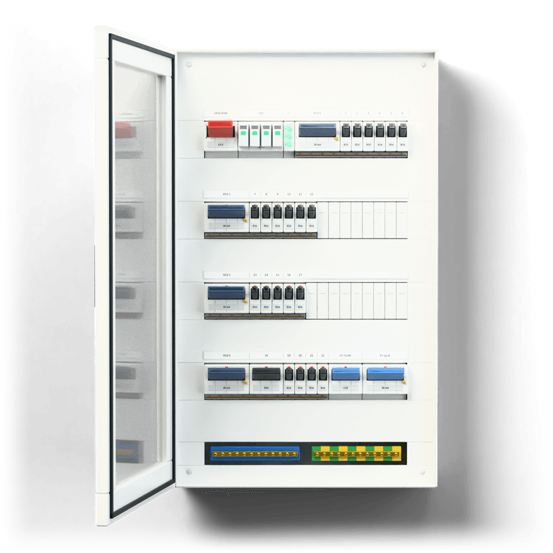 Consumer unit L · EV · door: tinted glass — 3D visualisation, door open, front view of the devices, tinted glass door