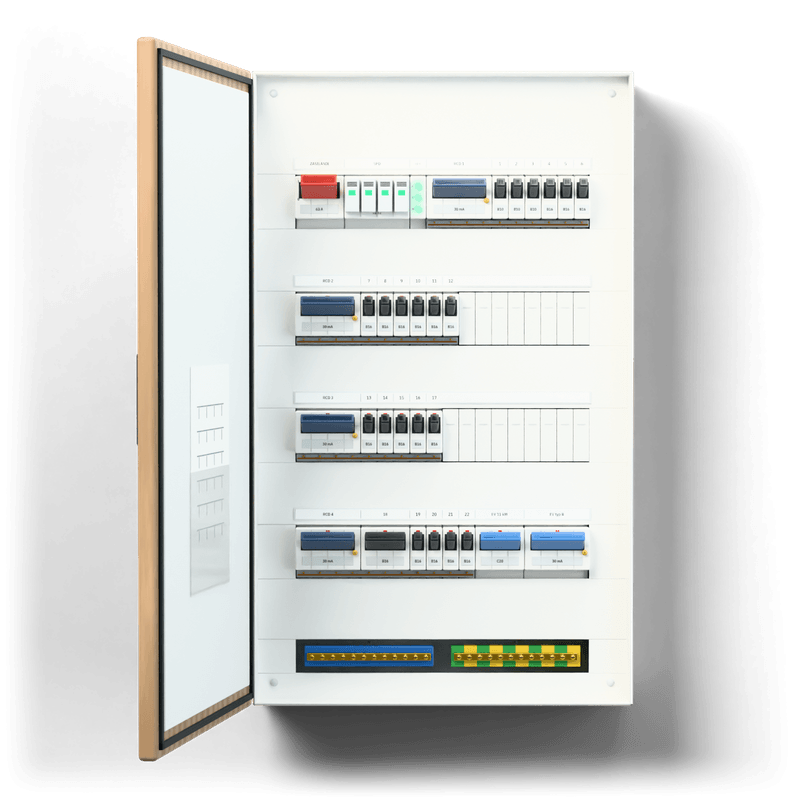 Consumer unit L · EV · door: oak — 3D visualisation, door open, front view of the devices, oak veneer door