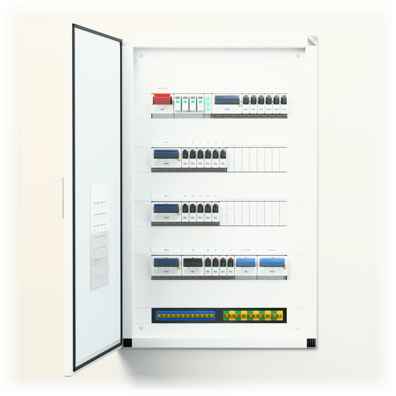 Consumer unit L · EV · flush-mounted — 3D visualisation, door open, front view of the devices, flush-mounted enclosure in a wall recess