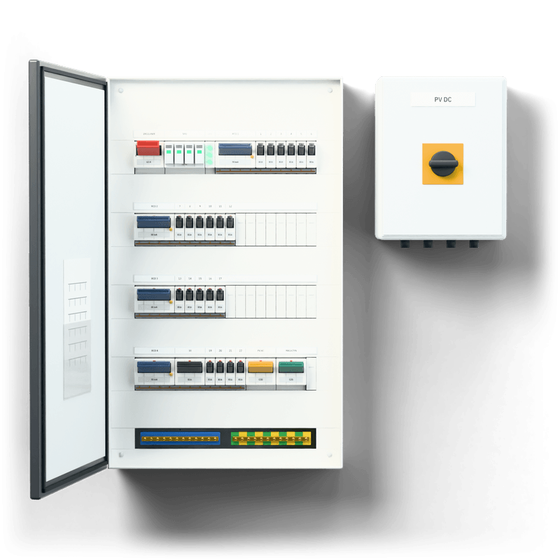 Consumer unit L · PV · door: anthracite — 3D visualisation, door open, front view of the devices, anthracite door; next to it, the solar PV DC combiner box