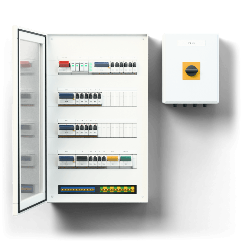 Consumer unit L · PV · door: tinted glass — 3D visualisation, door open, front view of the devices, tinted glass door; next to it, the solar PV DC combiner box