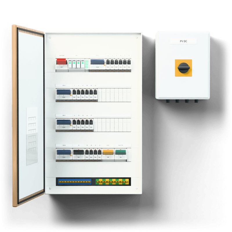 Consumer unit L · PV · door: oak — 3D visualisation, door open, front view of the devices, oak veneer door; next to it, the solar PV DC combiner box