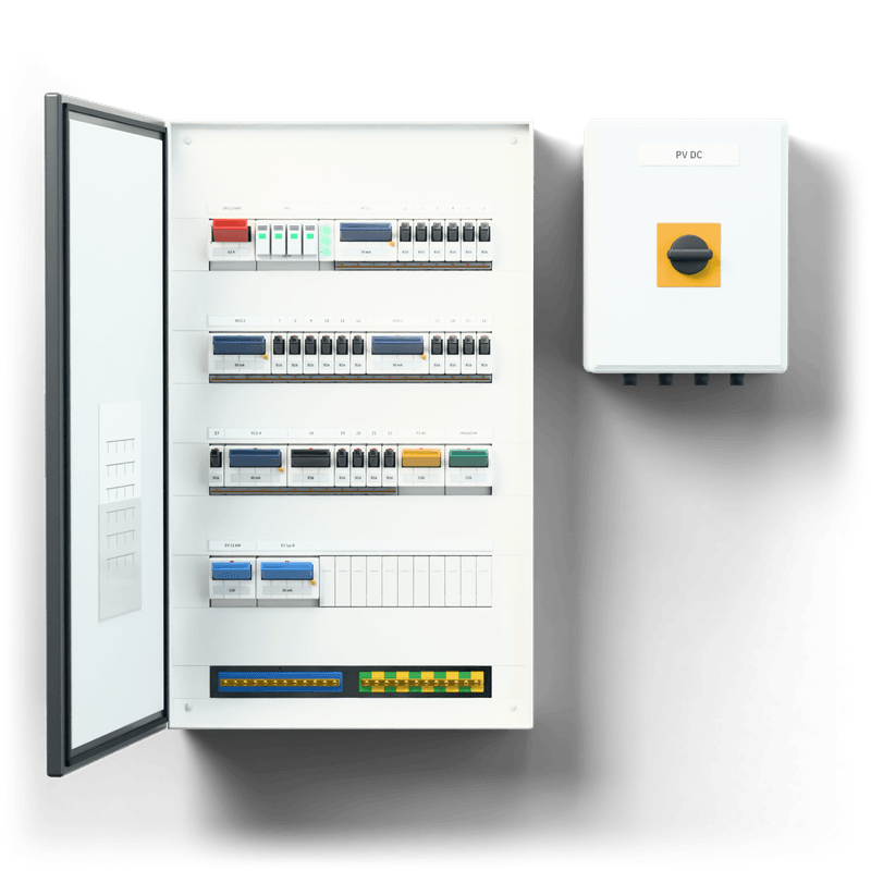 Consumer unit L · PV + EV · door: anthracite — 3D visualisation, door open, front view of the devices, anthracite door; next to it, the solar PV DC combiner box