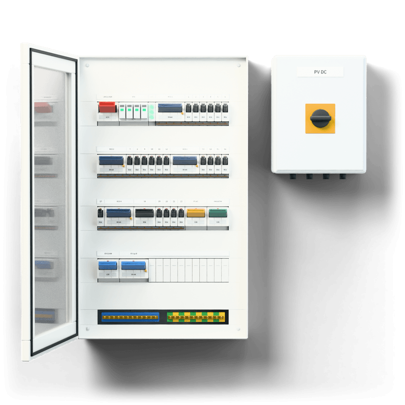 Consumer unit L · PV + EV · door: tinted glass — 3D visualisation, door open, front view of the devices, tinted glass door; next to it, the solar PV DC combiner box