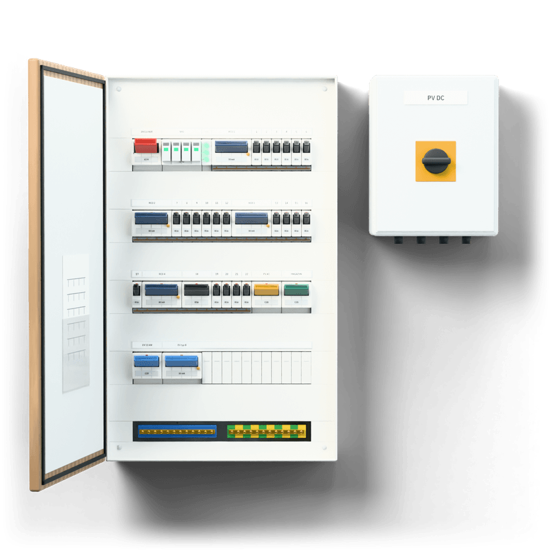 Consumer unit L · PV + EV · door: oak — 3D visualisation, door open, front view of the devices, oak veneer door; next to it, the solar PV DC combiner box