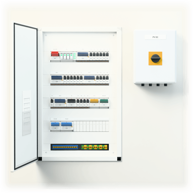 Consumer unit L · PV + EV · flush-mounted — 3D visualisation, door open, front view of the devices, flush-mounted enclosure in a wall recess; next to it, the solar PV DC combiner box