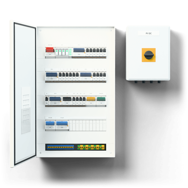 Consumer unit L · PV + EV — 3D visualisation, door open, front view of the devices; next to it, the solar PV DC combiner box