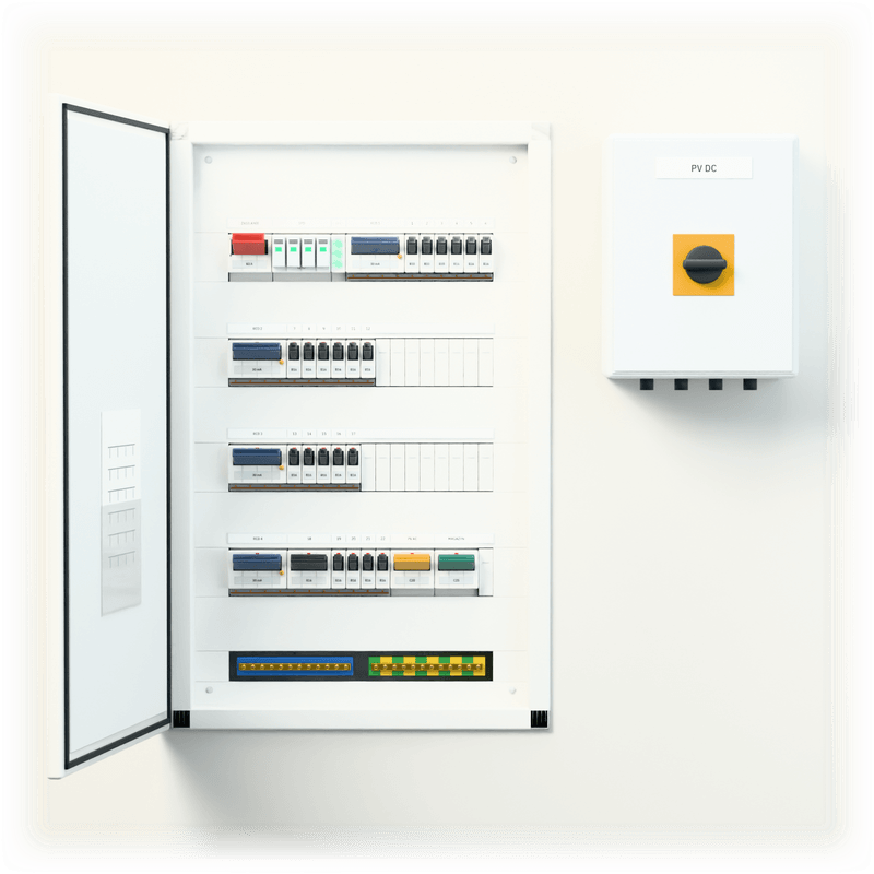 Consumer unit L · PV · flush-mounted — 3D visualisation, door open, front view of the devices, flush-mounted enclosure in a wall recess; next to it, the solar PV DC combiner box