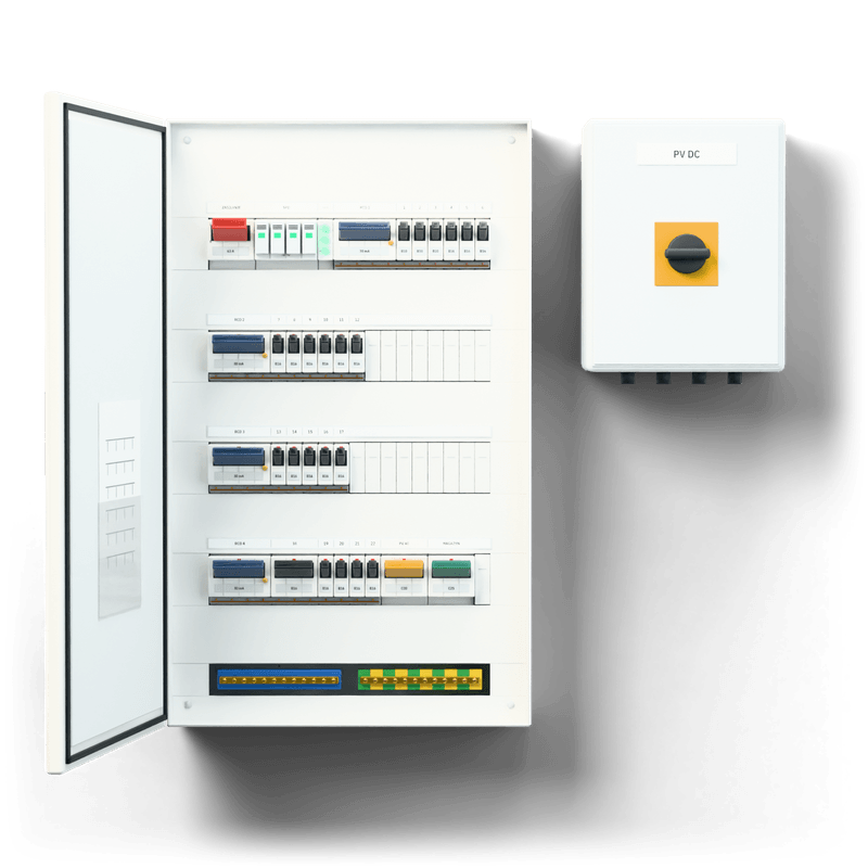 Consumer unit L · PV — 3D visualisation, door open, front view of the devices; next to it, the solar PV DC combiner box