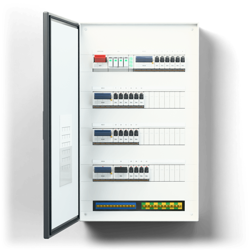 Consumer unit L · Standard · door: anthracite — 3D visualisation, door open, front view of the devices, anthracite door