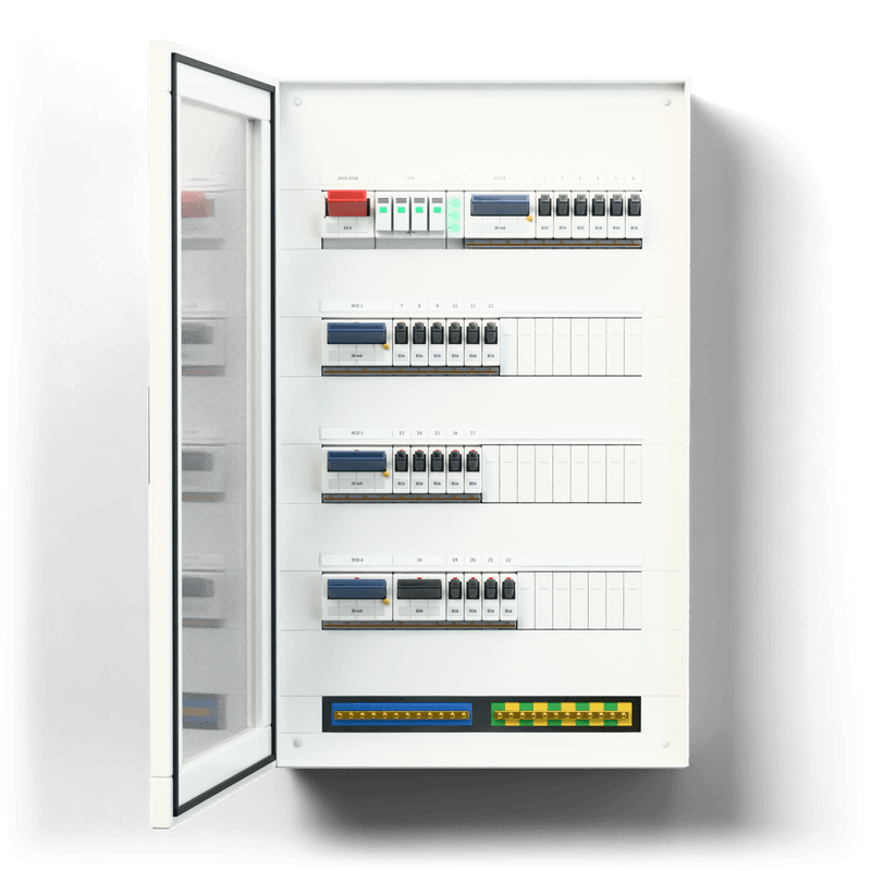 Consumer unit L · Standard · door: tinted glass — 3D visualisation, door open, front view of the devices, tinted glass door