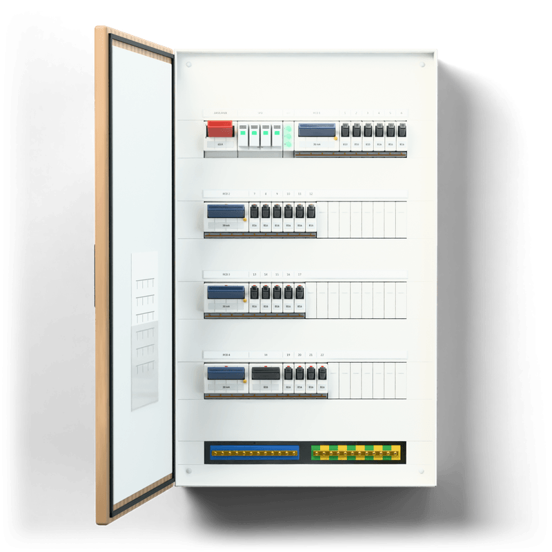 Consumer unit L · Standard · door: oak — 3D visualisation, door open, front view of the devices, oak veneer door