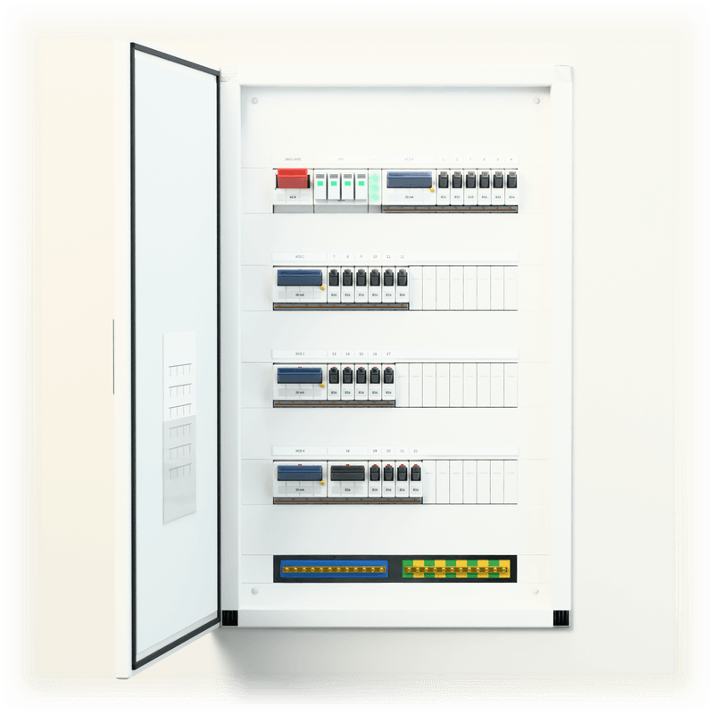 Consumer unit L · Standard · flush-mounted — 3D visualisation, door open, front view of the devices, flush-mounted enclosure in a wall recess