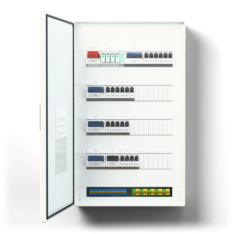 Consumer unit L · Standard — 3D visualisation, door open, front view of the devices