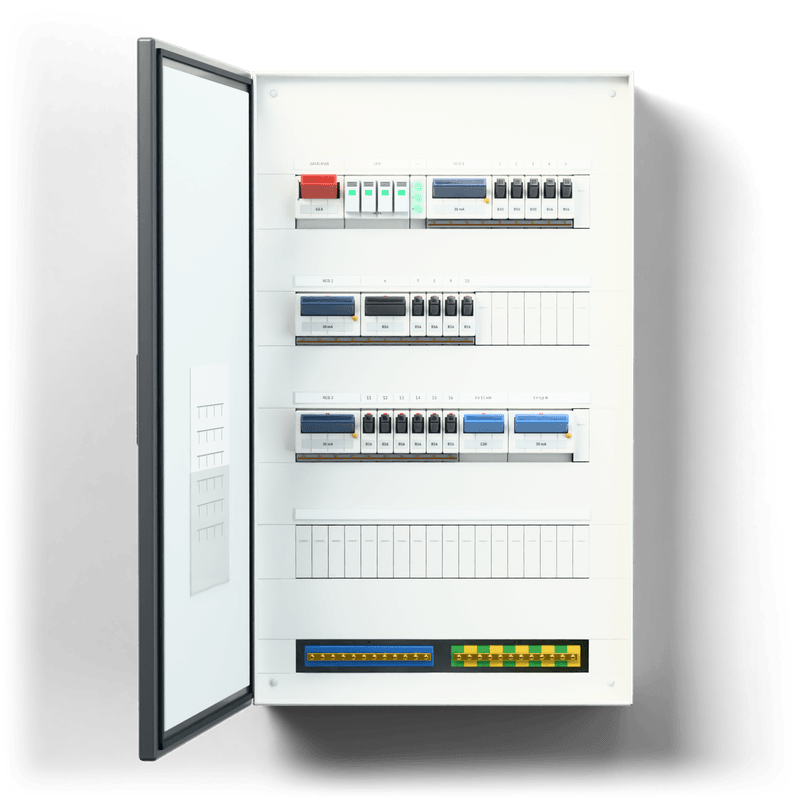 Consumer unit M · EV · door: anthracite · air conditioning 1 × split 3.5 kW — 3D visualisation, door open, front view of the devices, anthracite door