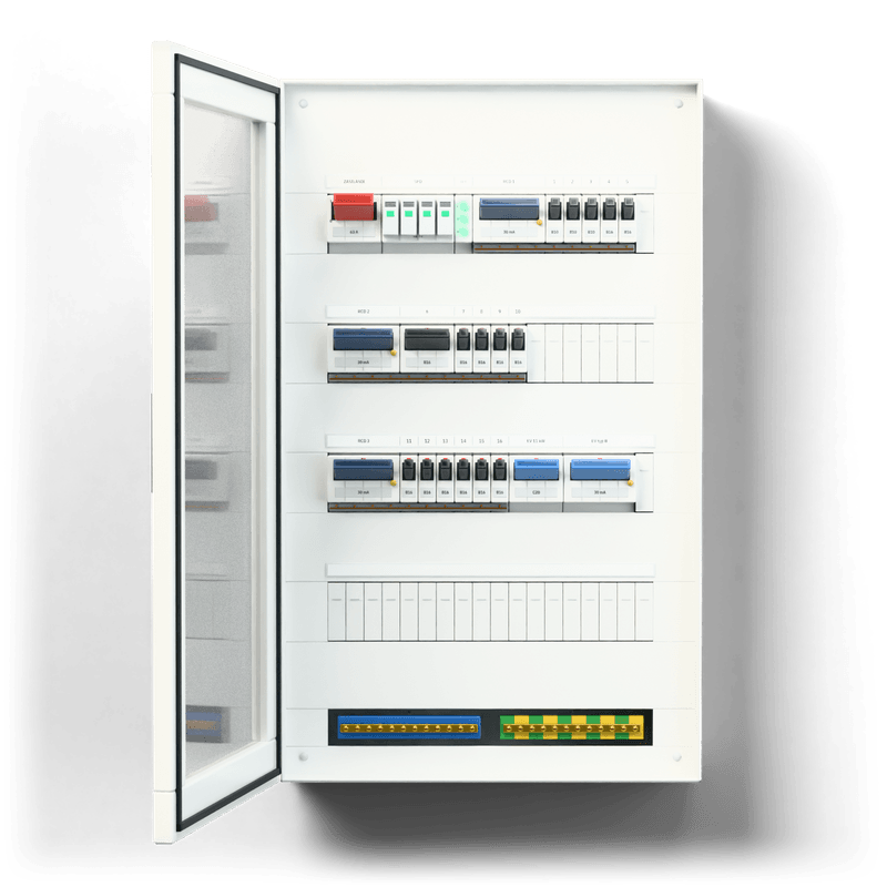 Consumer unit M · EV · door: tinted glass — 3D visualisation, door open, front view of the devices, tinted glass door