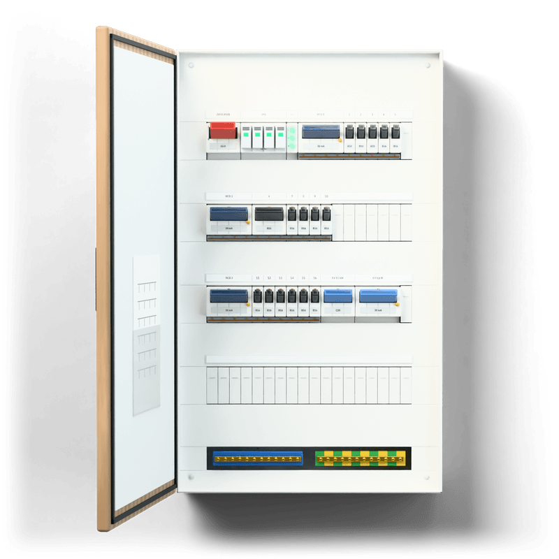 Consumer unit M · EV · door: oak · air conditioning 2 × split 3.5 kW — 3D visualisation, door open, front view of the devices, oak veneer door