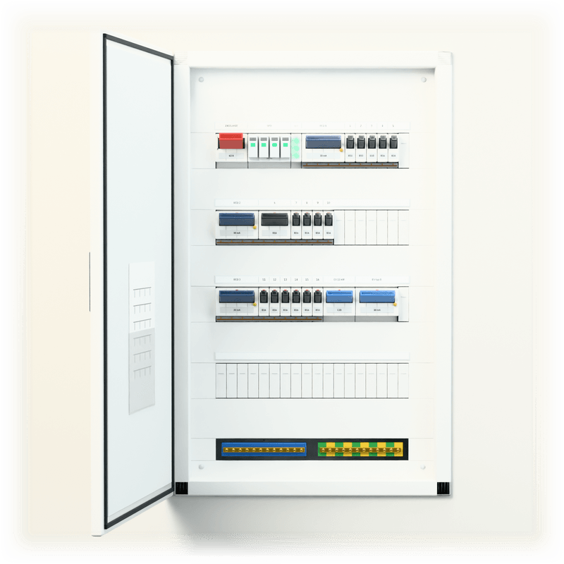 Consumer unit M · EV · flush-mounted — 3D visualisation, door open, front view of the devices, flush-mounted enclosure in a wall recess