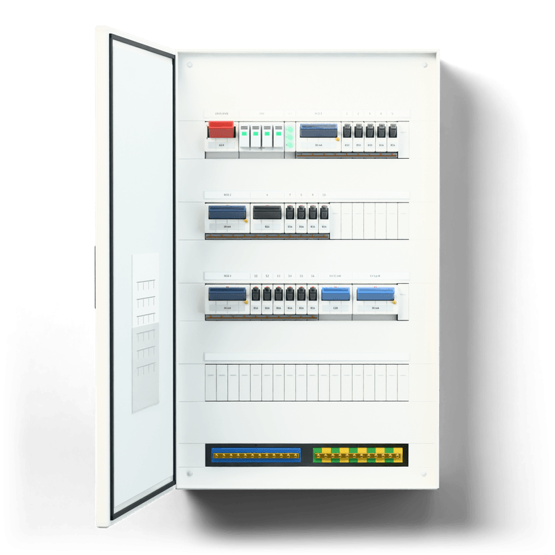 Consumer unit M · EV — 3D visualisation, door open, front view of the devices