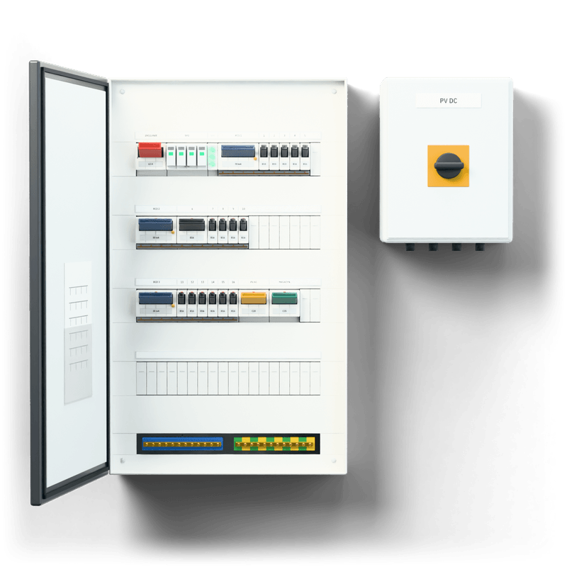 Consumer unit M · PV · door: anthracite — 3D visualisation, door open, front view of the devices, anthracite door; next to it, the solar PV DC combiner box