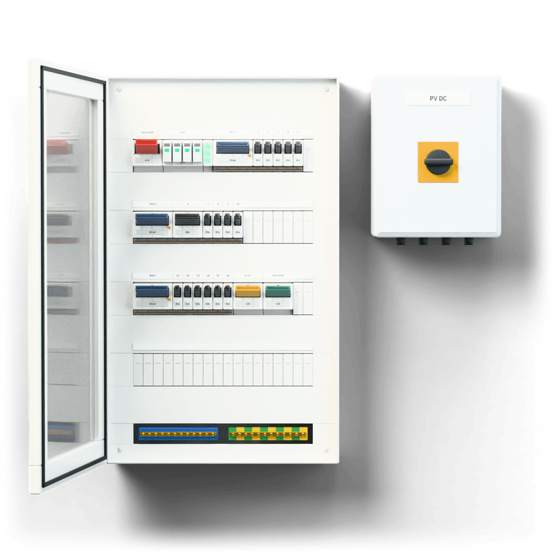 Consumer unit M · PV · door: tinted glass — 3D visualisation, door open, front view of the devices, tinted glass door; next to it, the solar PV DC combiner box