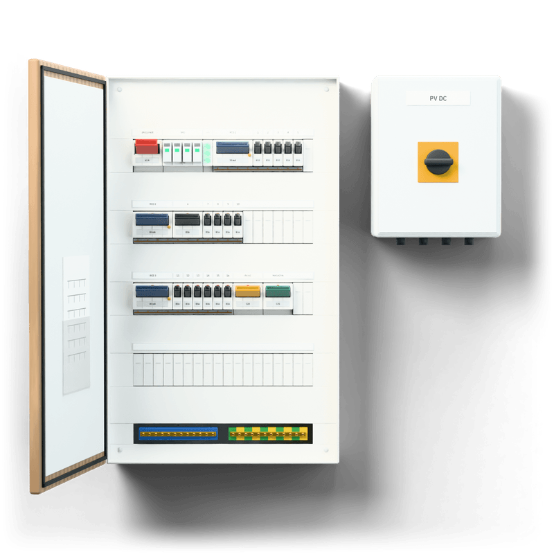 Consumer unit M · PV · door: oak — 3D visualisation, door open, front view of the devices, oak veneer door; next to it, the solar PV DC combiner box