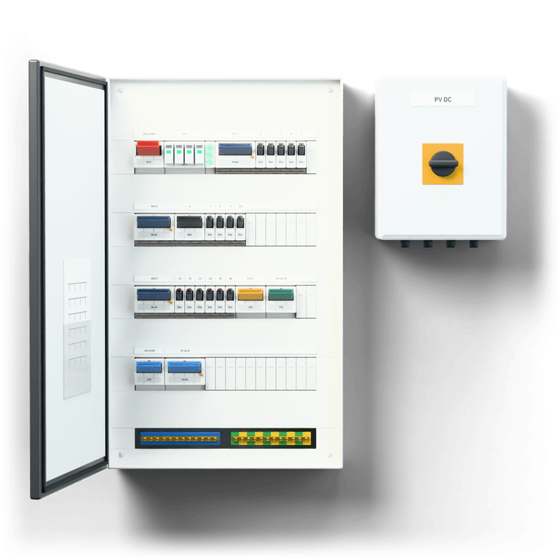 Consumer unit M · PV + EV · door: anthracite — 3D visualisation, door open, front view of the devices, anthracite door; next to it, the solar PV DC combiner box