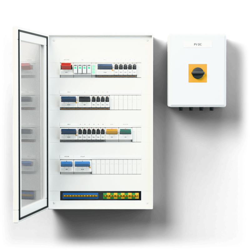 Consumer unit M · PV + EV · door: tinted glass — 3D visualisation, door open, front view of the devices, tinted glass door; next to it, the solar PV DC combiner box