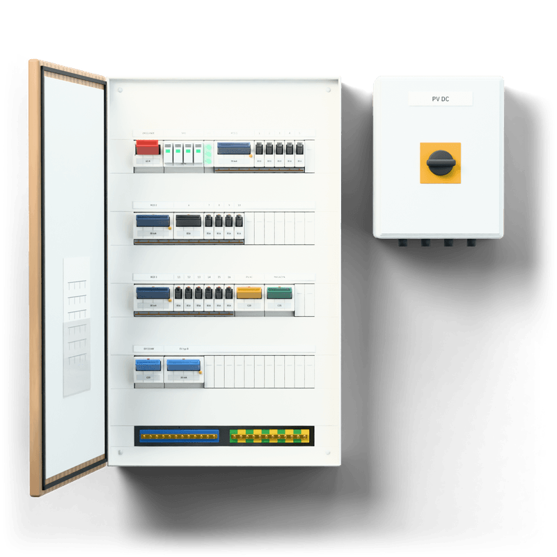 Consumer unit M · PV + EV · door: oak — 3D visualisation, door open, front view of the devices, oak veneer door; next to it, the solar PV DC combiner box