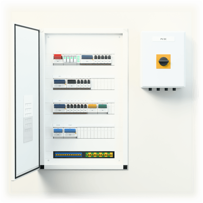 Consumer unit M · PV + EV · flush-mounted — 3D visualisation, door open, front view of the devices, flush-mounted enclosure in a wall recess; next to it, the solar PV DC combiner box