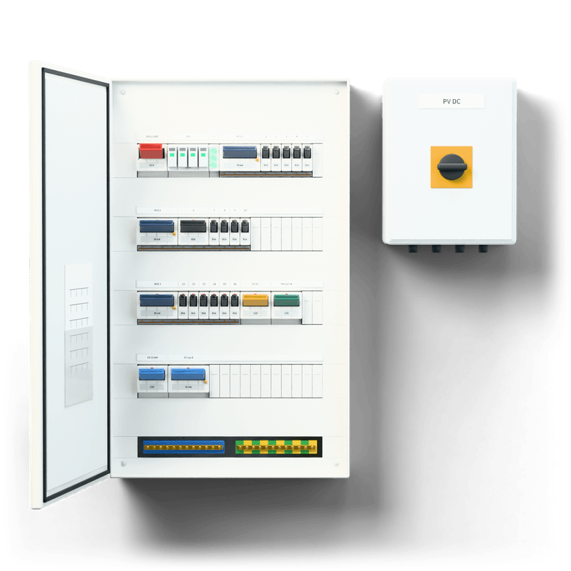 Consumer unit M · PV + EV — 3D visualisation, door open, front view of the devices; next to it, the solar PV DC combiner box