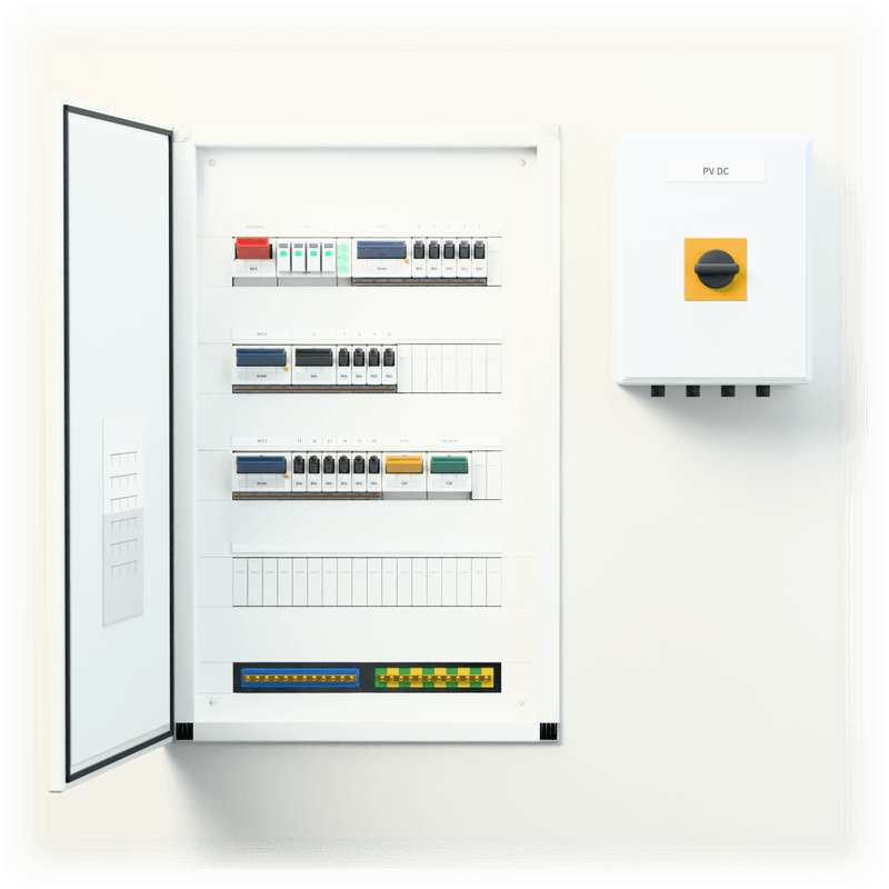 Consumer unit M · PV · flush-mounted — 3D visualisation, door open, front view of the devices, flush-mounted enclosure in a wall recess; next to it, the solar PV DC combiner box