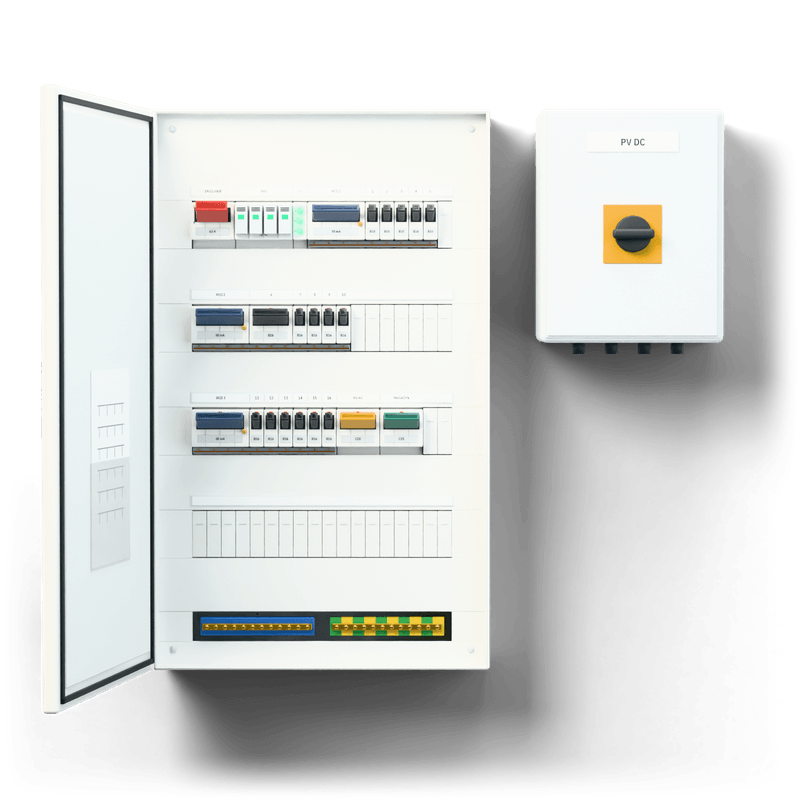 Consumer unit M · PV — 3D visualisation, door open, front view of the devices; next to it, the solar PV DC combiner box