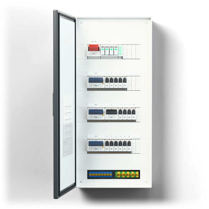 Consumer unit M · Standard · door: anthracite — 3D visualisation, door open, front view of the devices, anthracite door