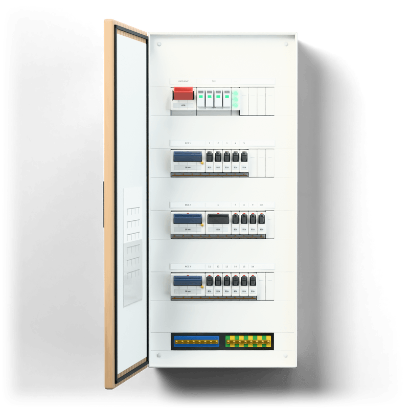 Consumer unit M · Standard · door: oak — 3D visualisation, door open, front view of the devices, oak veneer door