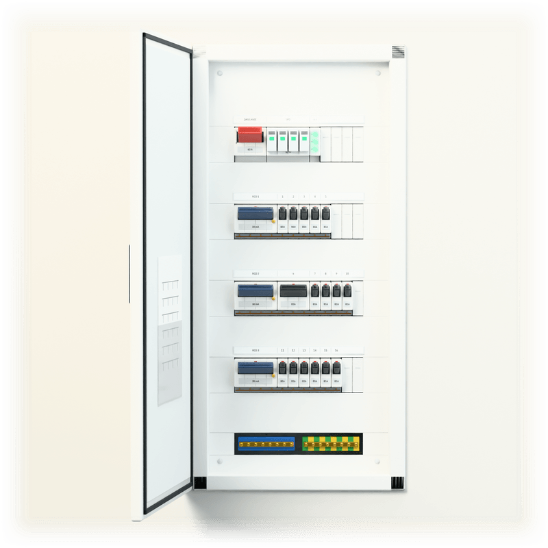 Consumer unit M · Standard · flush-mounted — 3D visualisation, door open, front view of the devices, flush-mounted enclosure in a wall recess