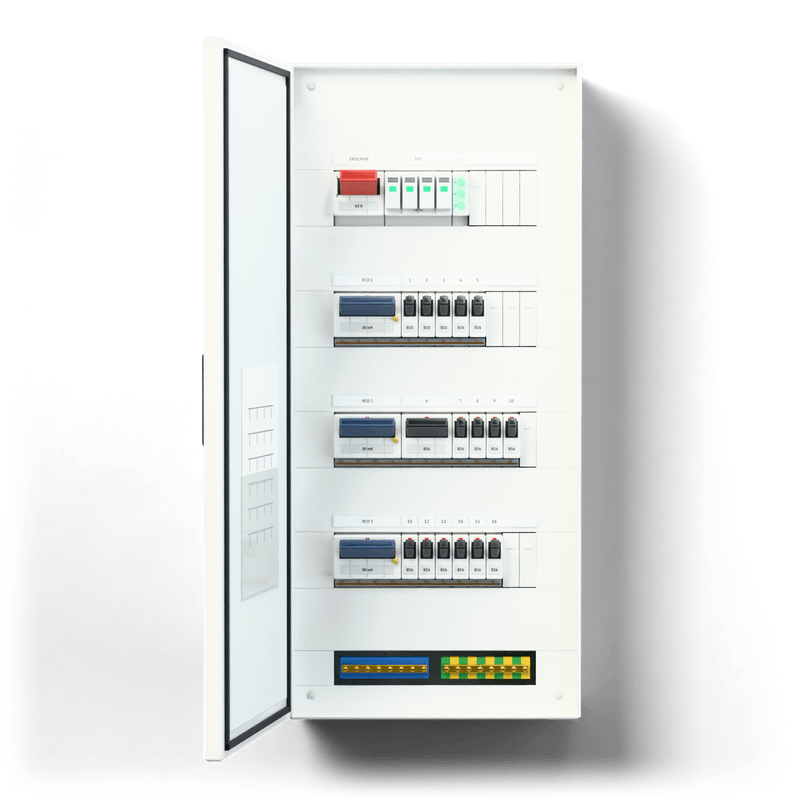 Consumer unit M · Standard — 3D visualisation, door open, front view of the devices