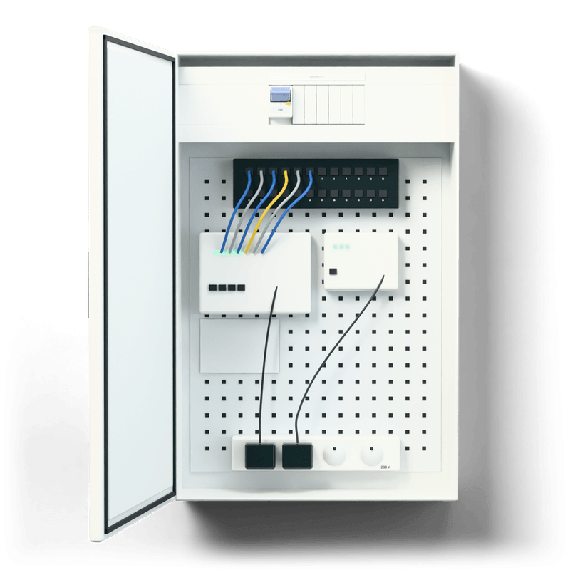 Multimedia enclosure L — 3D visualisation, door open, front view of the devices