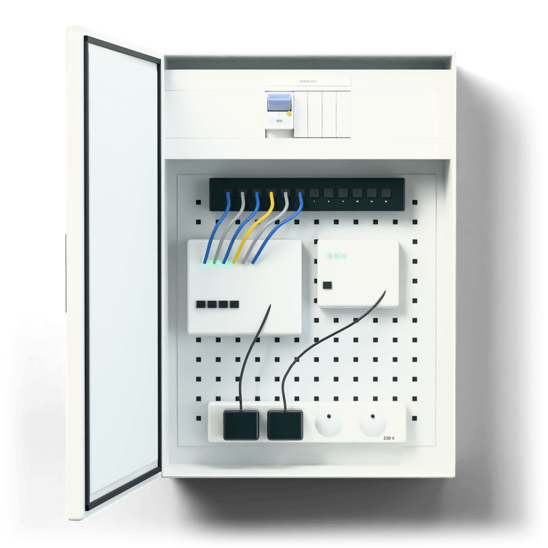 Multimedia enclosure M — 3D visualisation, door open, front view of the devices