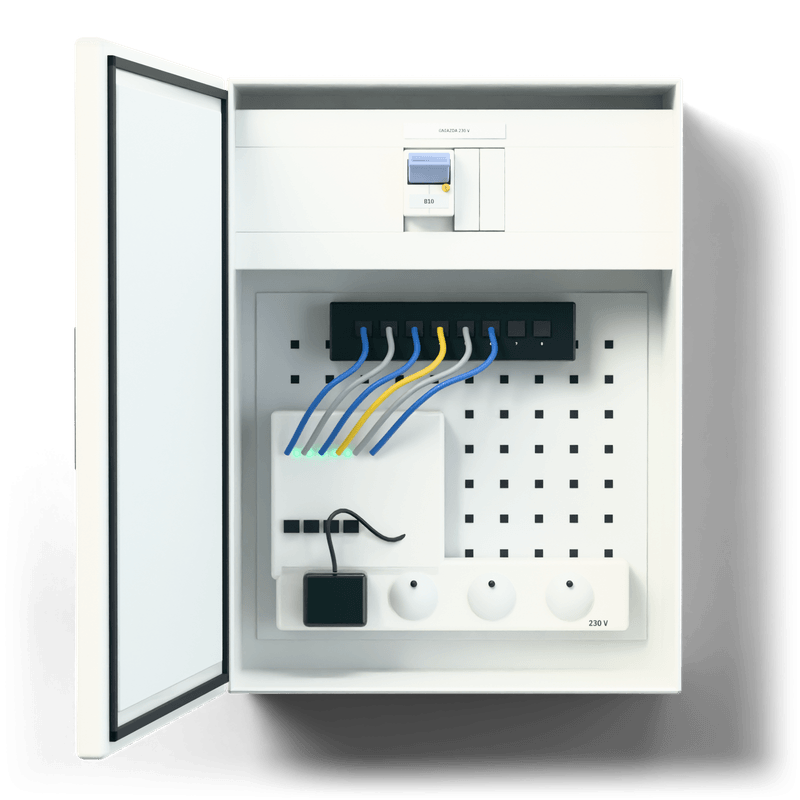 Multimedia enclosure S — 3D visualisation, door open, front view of the devices