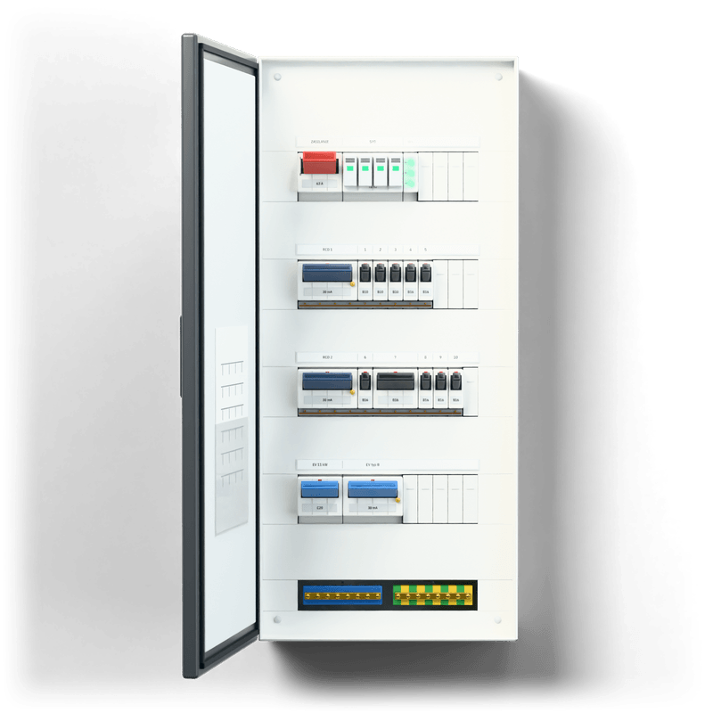Consumer unit S · EV · door: anthracite — 3D visualisation, door open, front view of the devices, anthracite door