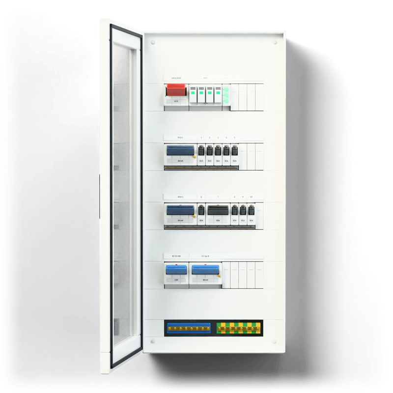 Consumer unit S · EV · door: tinted glass · air conditioning 3 × split 3.5 kW — 3D visualisation, door open, front view of the devices, tinted glass door