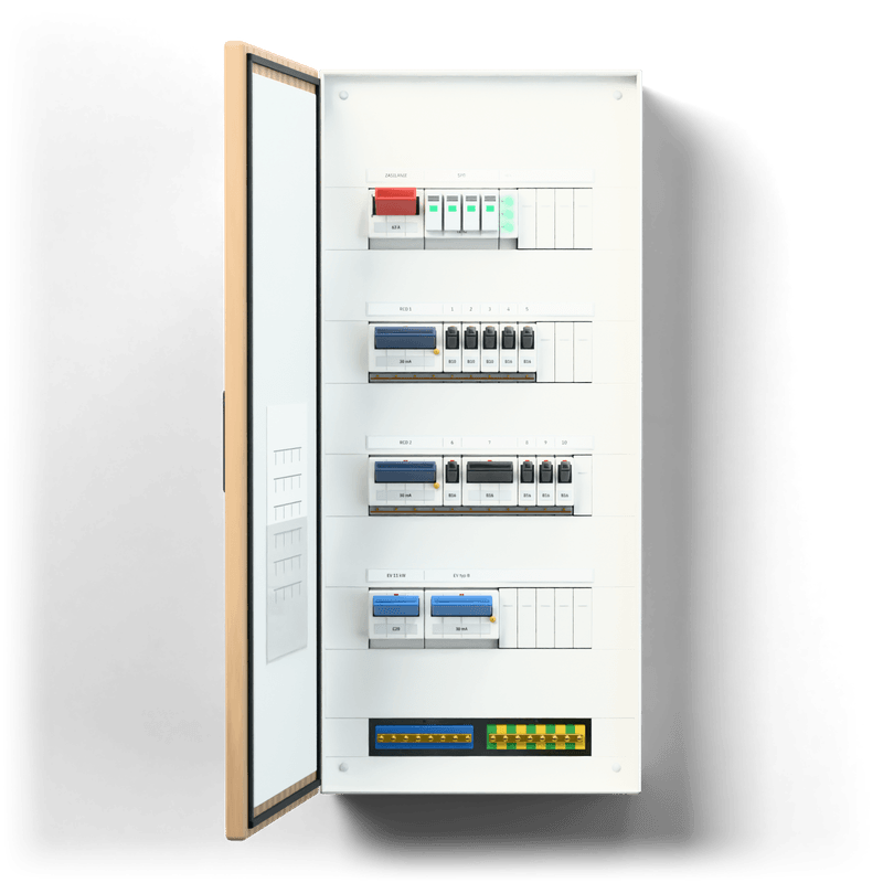 Consumer unit S · EV · door: oak · air conditioning 2 × split 3.5 kW — 3D visualisation, door open, front view of the devices, oak veneer door