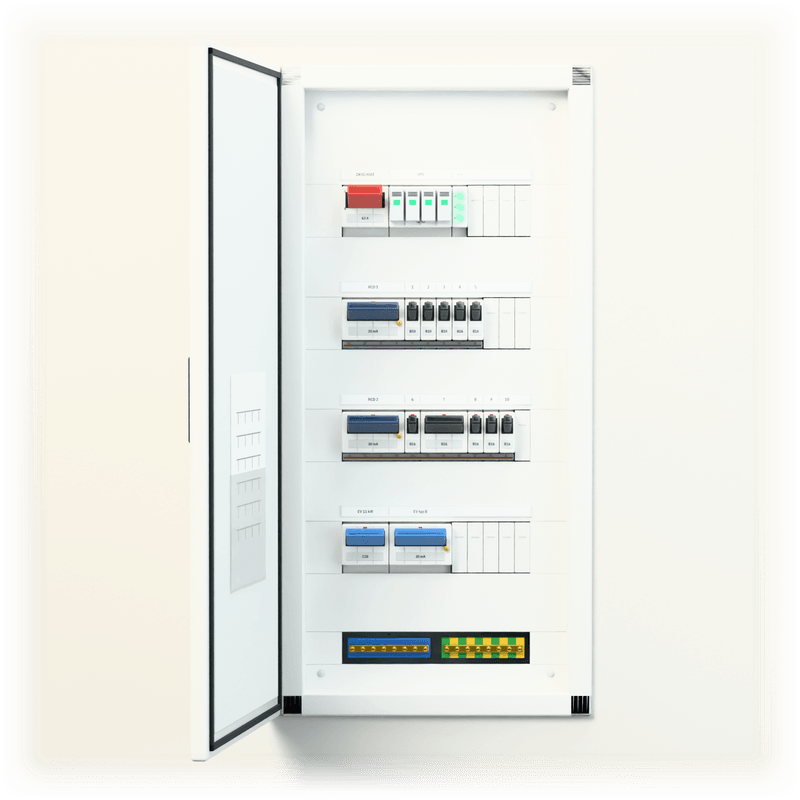 Consumer unit S · EV · flush-mounted — 3D visualisation, door open, front view of the devices, flush-mounted enclosure in a wall recess