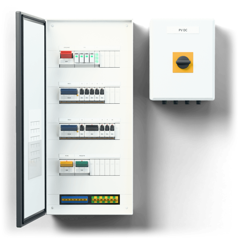 Consumer unit S · PV · door: anthracite — 3D visualisation, door open, front view of the devices, anthracite door; next to it, the solar PV DC combiner box