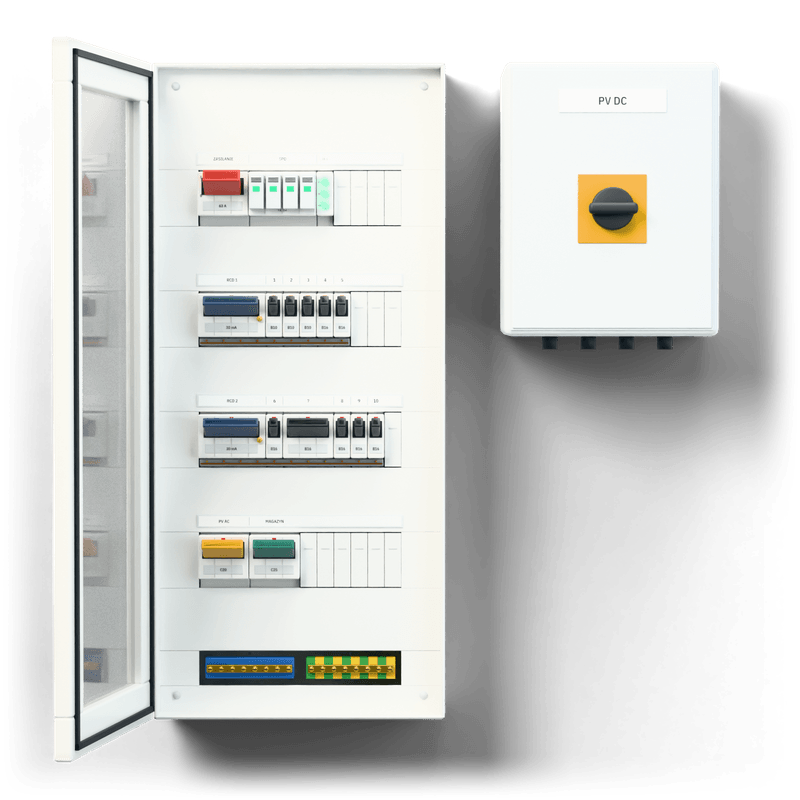 Consumer unit S · PV · door: tinted glass — 3D visualisation, door open, front view of the devices, tinted glass door; next to it, the solar PV DC combiner box